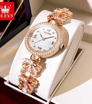 OLEVS 9958 Women_s Watches Luxury Elegant Original Quartz Wristwatch Stainless Steel Inlaid Diamond Watch Ladies Watch Gift Set