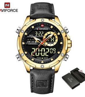 NAVIFORCE NF9208 Men Watch Digital Sport Top Brand Luxury Man WristWatch Military Green Genuine Leather Quartz Business Male Clock