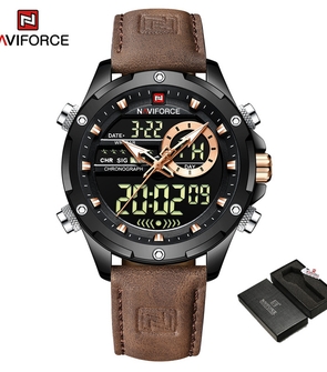 NAVIFORCE NF9208 Men Watch Digital Sport Top Brand Luxury Man WristWatch Military Green Genuine Leather Quartz Business Male Clock
