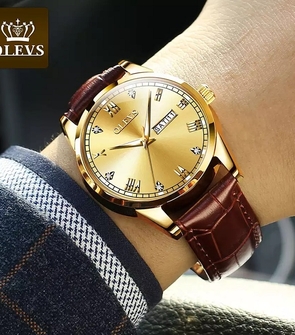 OLEVS 6896 Luxury Classic Men Leather Waterproof Watches Fashion Business Double Calendar Men's Wristwatches
