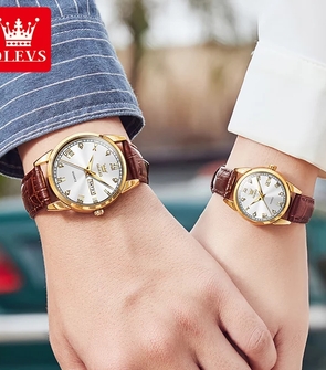 OLEVS 6896 Waterproof Couple Wristwatch Leather Strap Fashion Watch for Couple