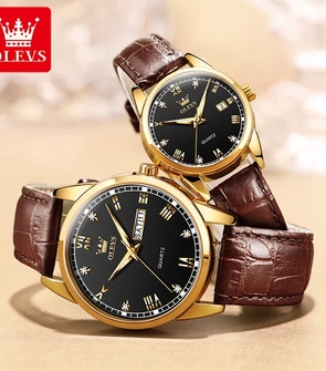 OLEVS 6896 Waterproof Couple Wristwatch Leather Strap Fashion Watch for Couple