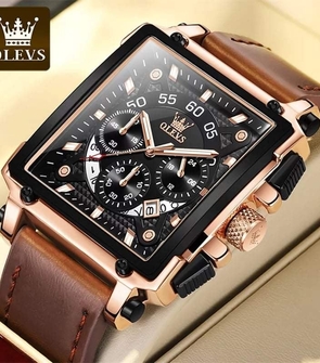 OLEVS 9919 Sport Quartz Watches for Men Genuine Leather Strap Large Dial Luxury Waterproof Men Wristwatches Luminous Chronograph