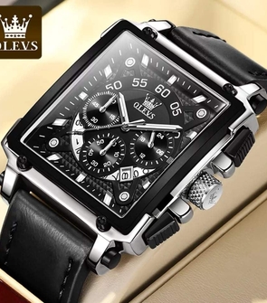 OLEVS 9919 Sport Quartz Watches for Men Genuine Leather Strap Large Dial Luxury Waterproof Men Wristwatches Luminous Chronograph