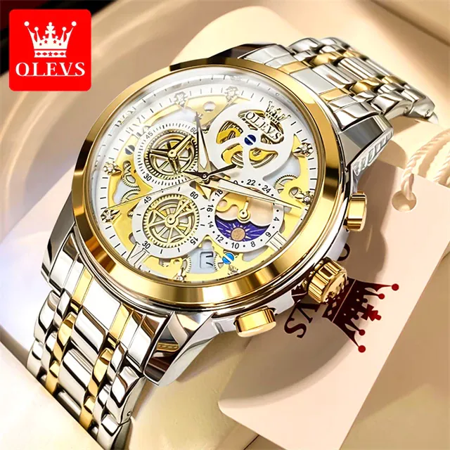 OLEVS 9947 Quartz Sport Men Wristwatches Stainless Steel Strap Waterproof Complication Hollow Out Watches for Men Chronograph
